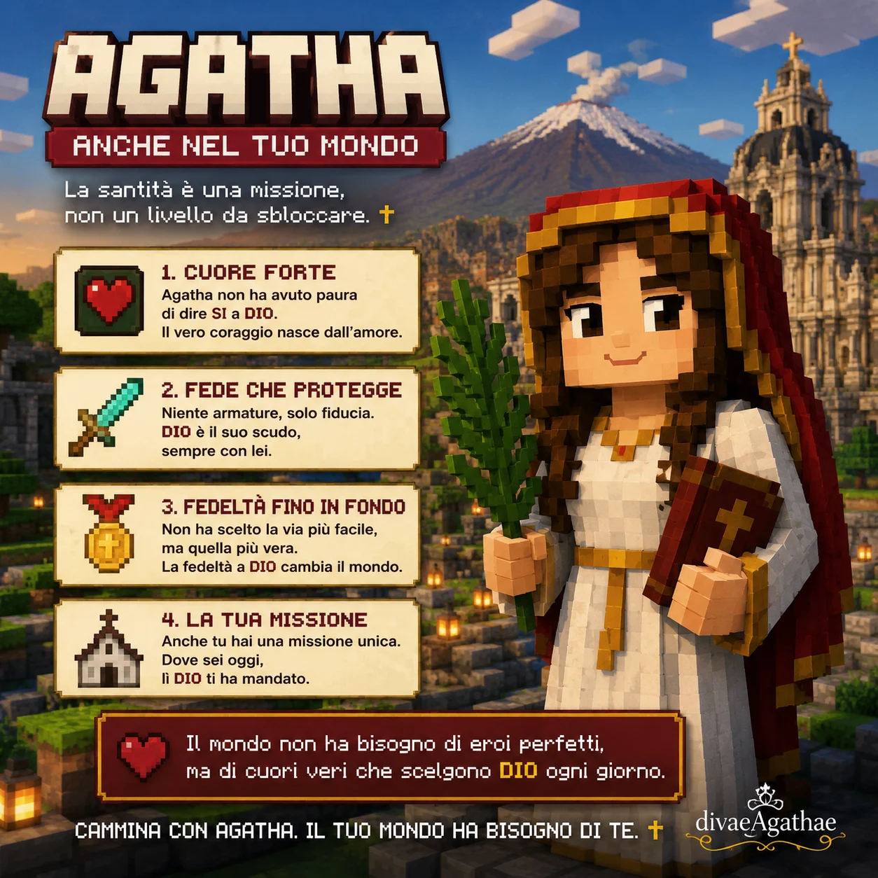 Agatha in stile mondo a blocchi con messaggi per ragazzi