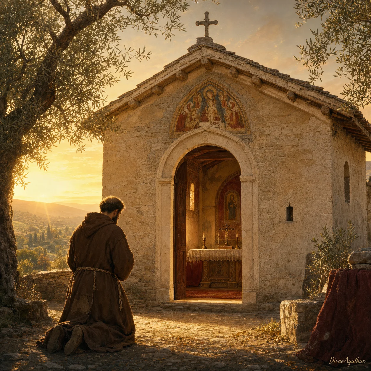 Illustrazione della Porziuncola con san Francesco in preghiera